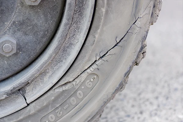 Close-up of old tire with large crack in sidewall