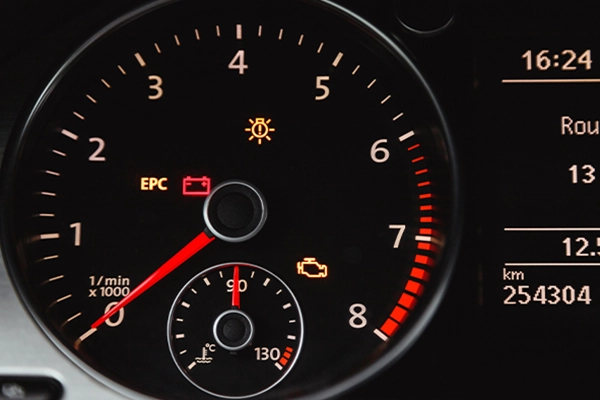 Various warning lights lit up on car gauge