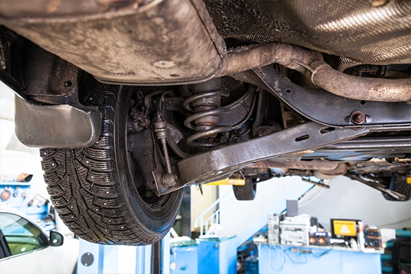 Up close look at a vehicles suspension system 